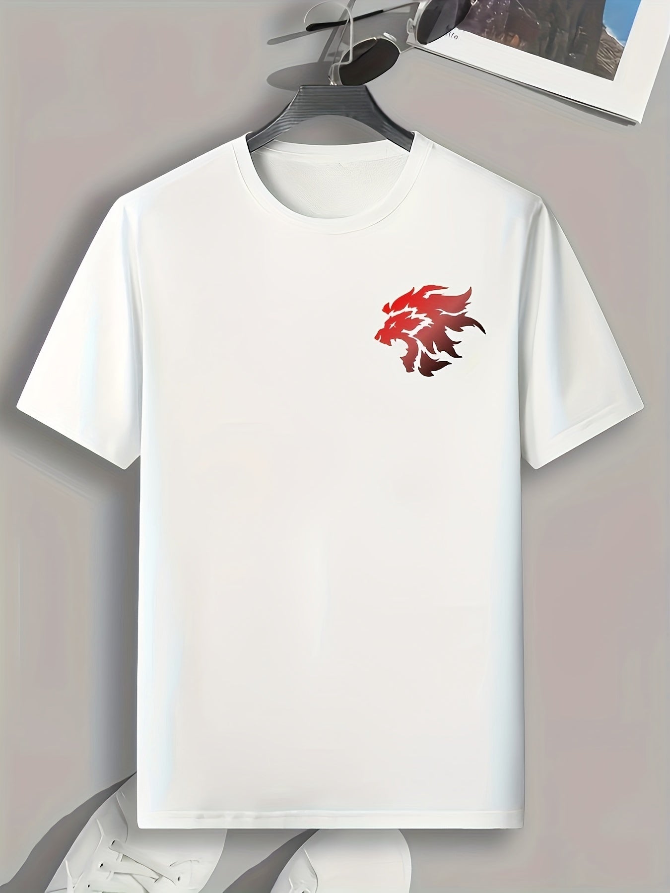 Lion Head Print Men's Comfy T shirt Active Stretch Tee For Summer