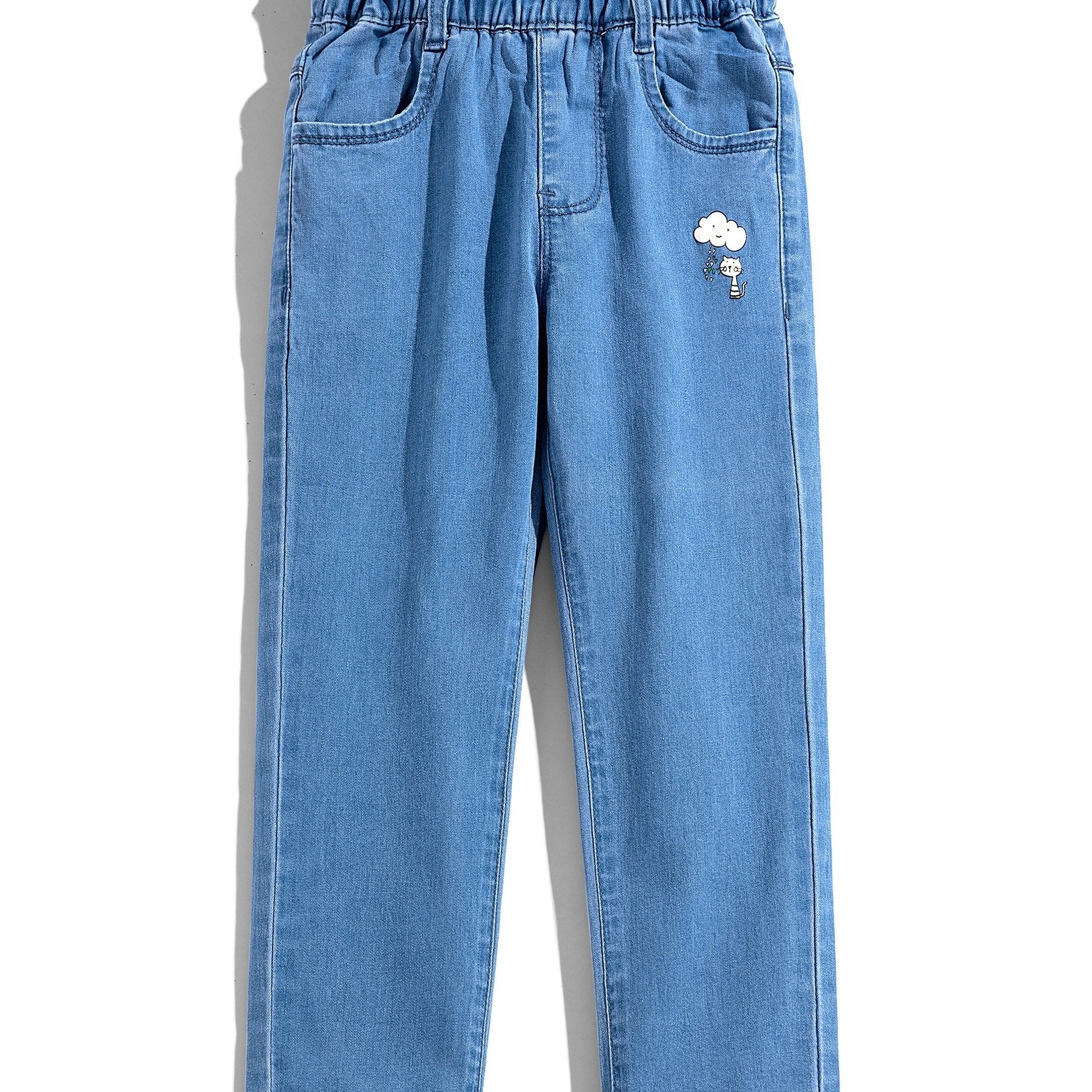 Girls' Paper Bag Waist Graphic Jeans Casual Denim Pants Kids Clothes