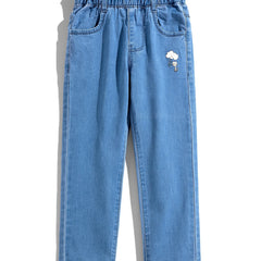 Girls' Paper Bag Waist Graphic Jeans Casual Denim Pants Kids Clothes