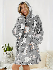 Cartoon Cat Print Hooded Robe Women's Nightwear