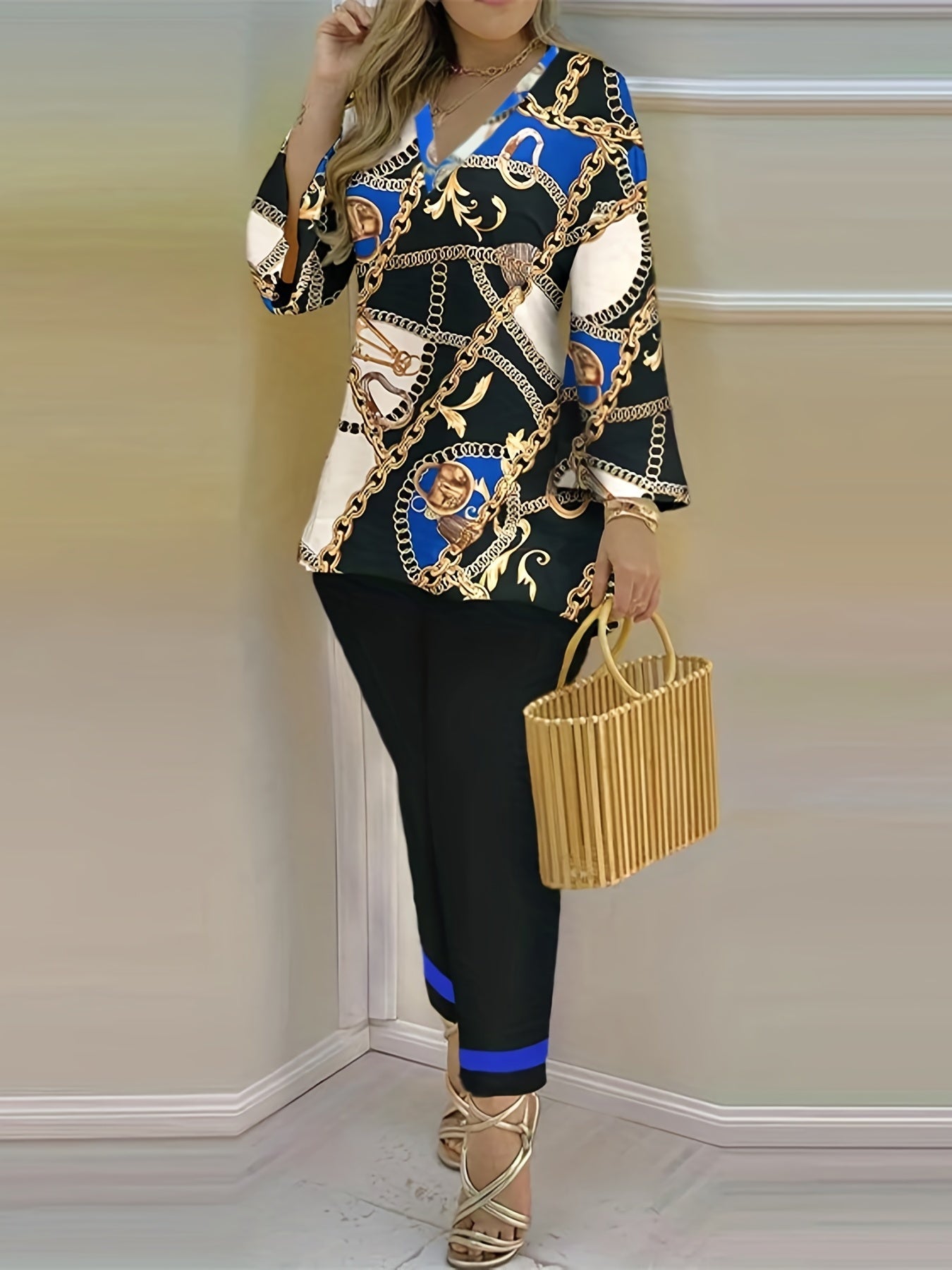 Graphic Print Casual Two Piece Set V Neck Flared Sleeve Tops & Pants