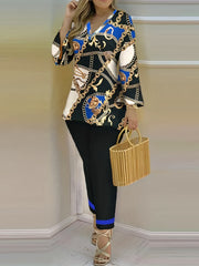 Graphic Print Casual Two Piece Set V Neck Flared Sleeve Tops & Pants