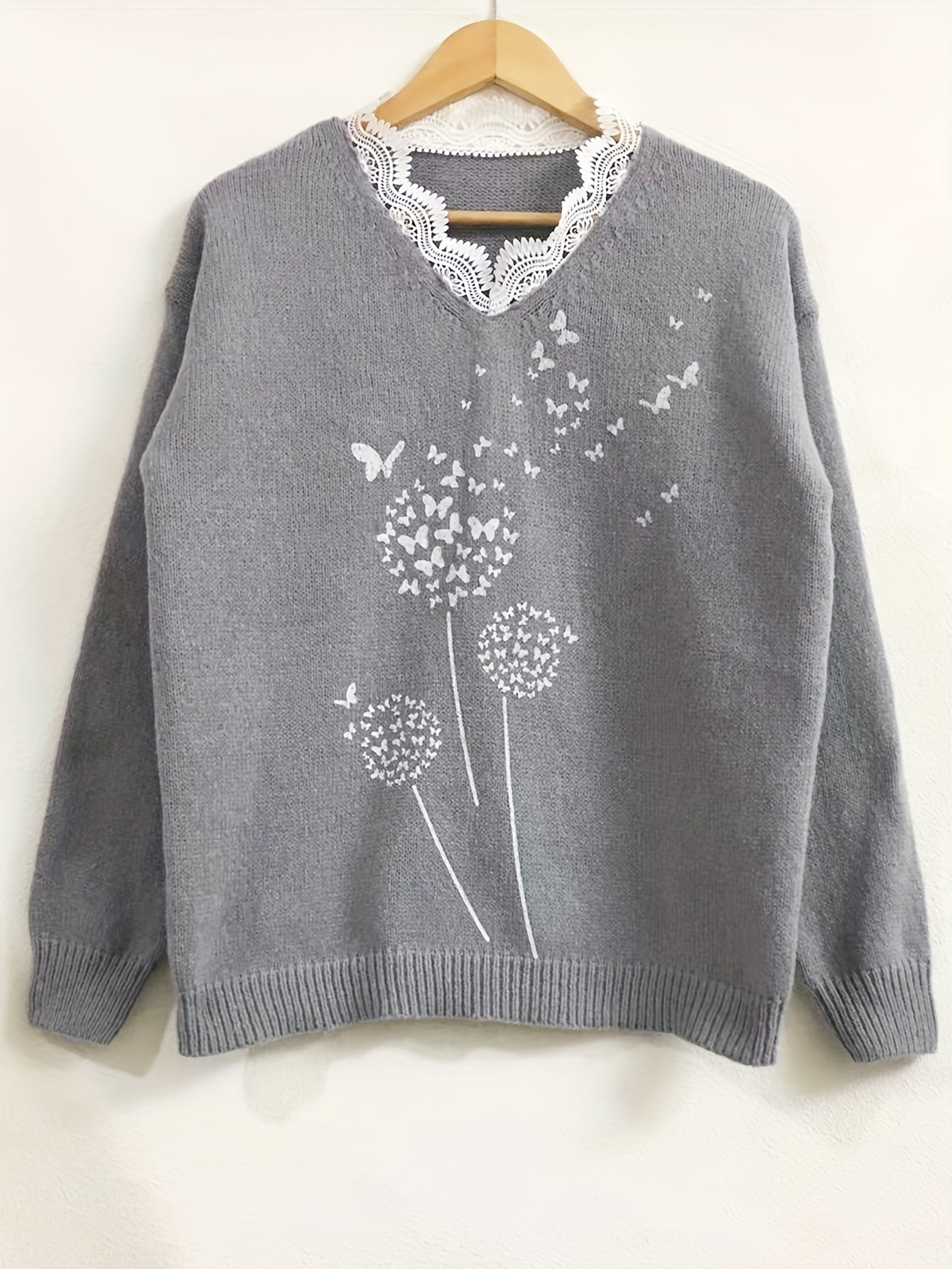 Plant Print Lace Trim V Neck Pullover Sweater for Women