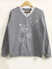 Plant Print Lace Trim V Neck Pullover Sweater for Women
