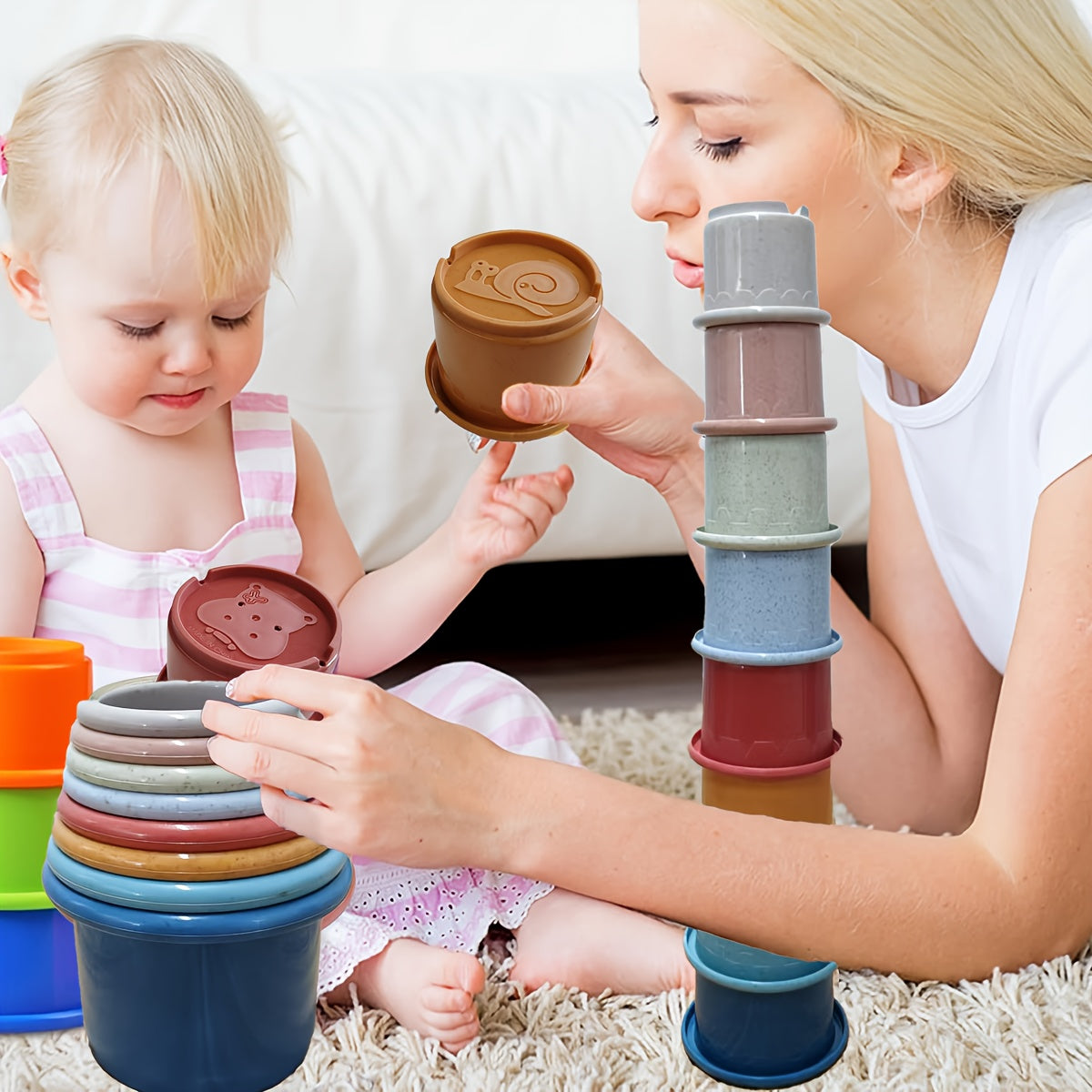 Educational Stacking Toy Set with Animal Relief Patterns