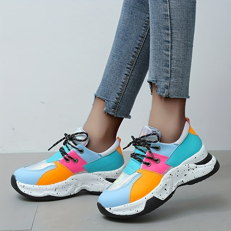 Women's Colorblock Platform Sneakers Low Top Lace Up Shoes