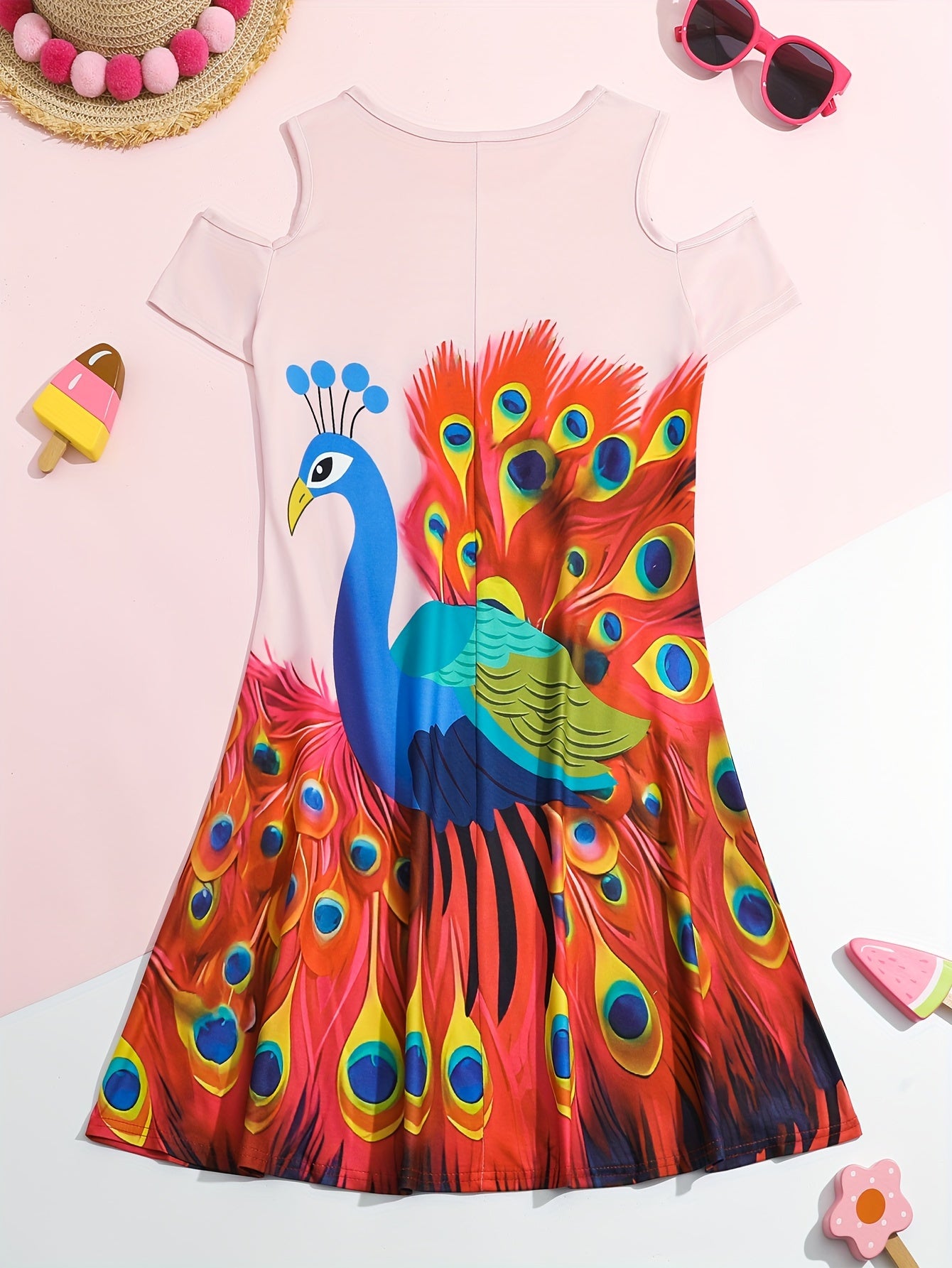 Girls Peacock Graphic Cold Shoulder Short Sleeve Dress Summer Clothes Party Gift