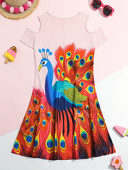 Girls Peacock Graphic Cold Shoulder Short Sleeve Dress Summer Clothes Party Gift