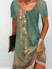 Floral Print Short Sleeve Round Neck Plus Size Dress