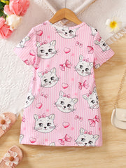 Toddler Girls Cartoon Cat Graphic T-shirt Dress For Party Kids