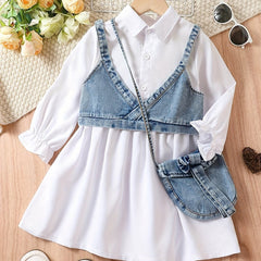 Girls' 3pcs Autumn Denim Vest Shirt Dress Set