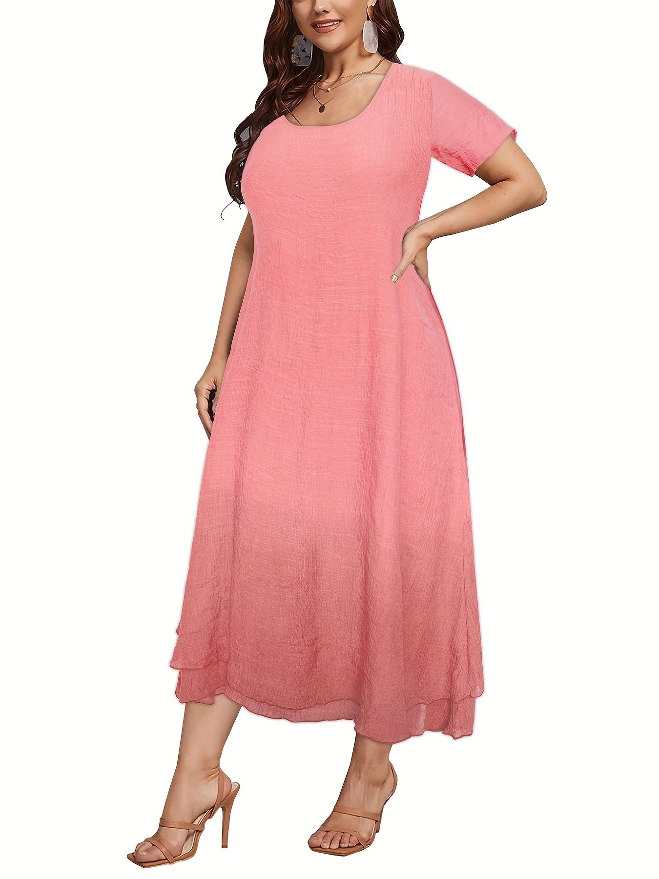 Ombre Print Maxi Dress Women's Boho Short Sleeve Layered