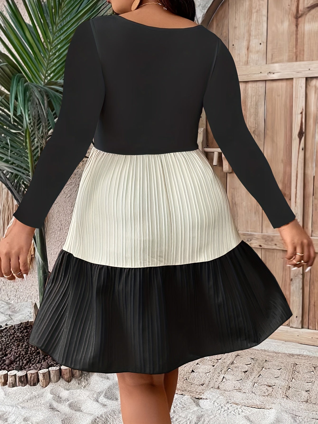 Colorblock Long Sleeve V Neck Smock Dress