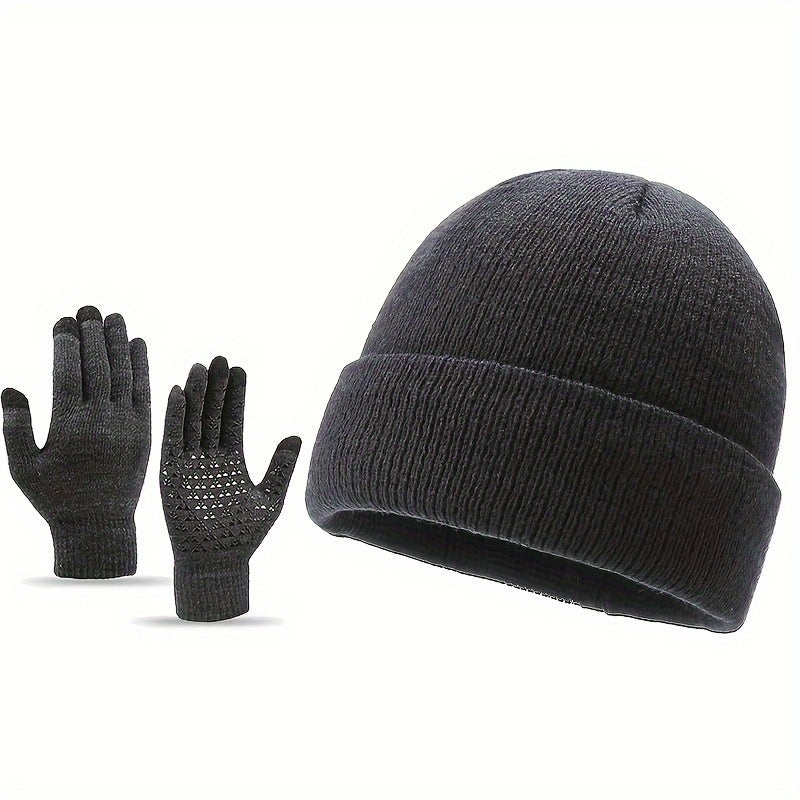 Winter Warm Hat & Gloves Set Knitted Beanie Anti Slip Gloves