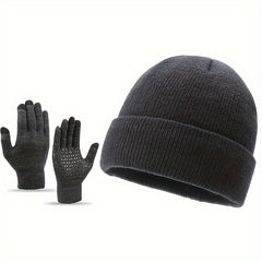 Winter Warm Hat & Gloves Set Knitted Beanie Anti Slip Gloves