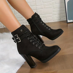 Women's Block Heel Lace Up Pumps Buckle Strap Shoes