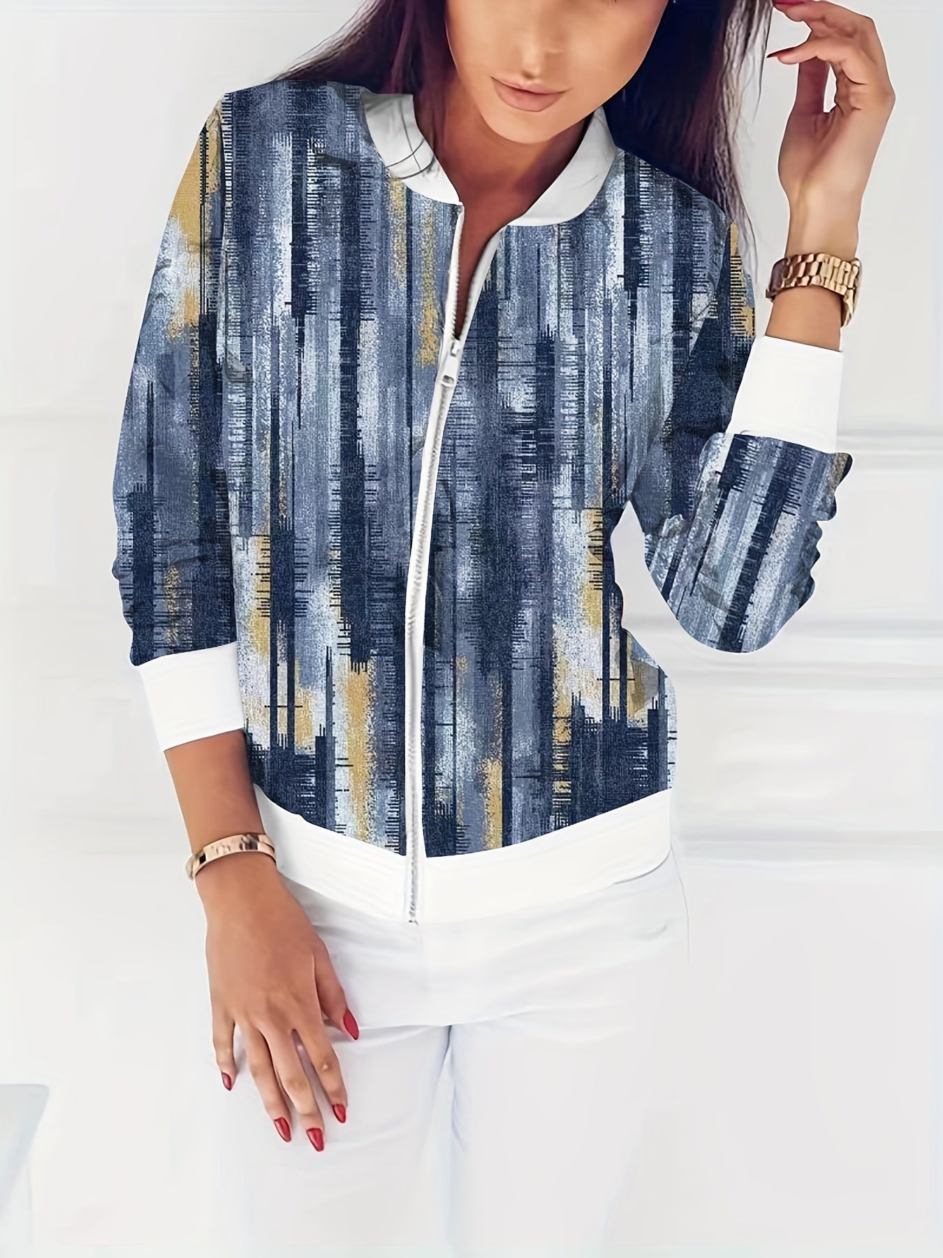 Floral Print Zipper Jacket Spring & Fall Women's Clothing