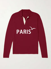 Paris Pattern Knit Polo Shirt Men's Casual Lapel Pullover Sweater
