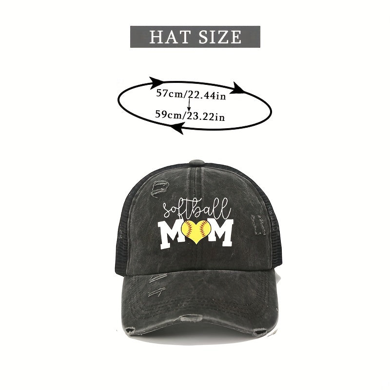 Mom Print Ponytail Trucker Hat Washed Distressed SOFTBALL MOM Baseball Cap