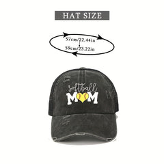 Mom Print Ponytail Trucker Hat Washed Distressed SOFTBALL MOM Baseball Cap
