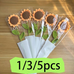 Sunflower Knitted Bouquet Soft Yellow Home Decor Ribbon & Leaves