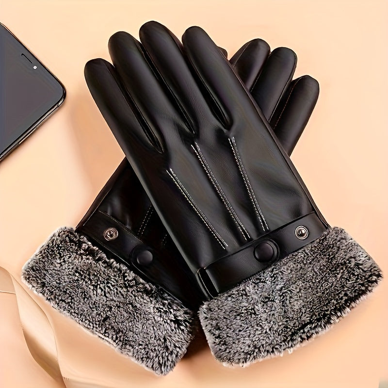 Men's Warm Gloves Motorcycle Riding Cold proof Leather Gloves Plus Velvet