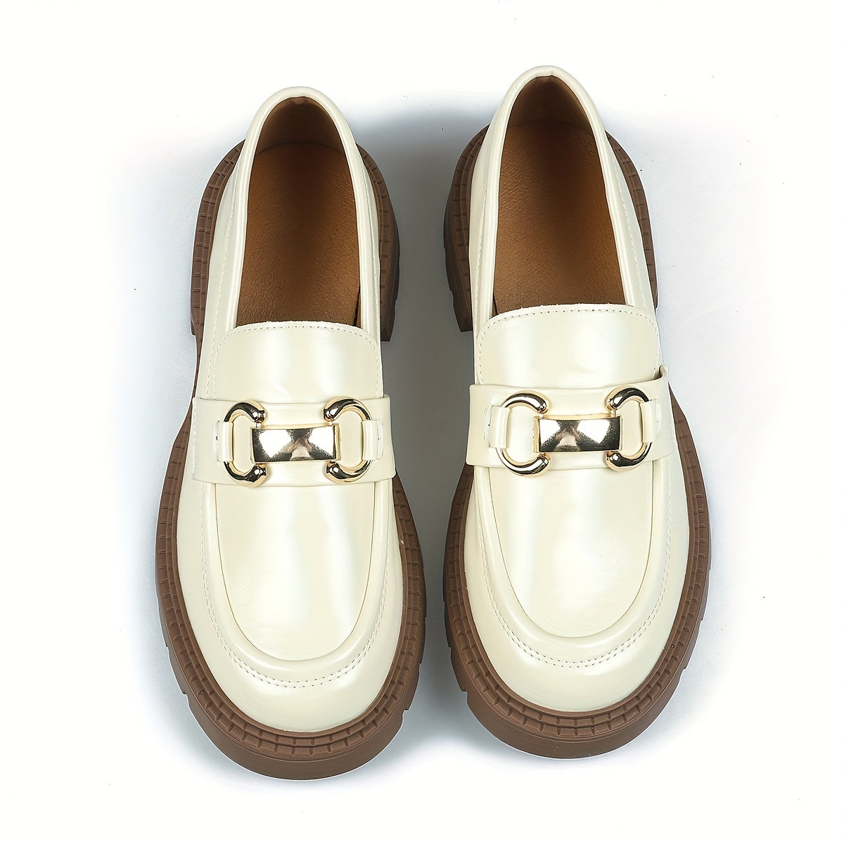 Metallic Chain Loafers Slip On Round Toe Platform Shoes