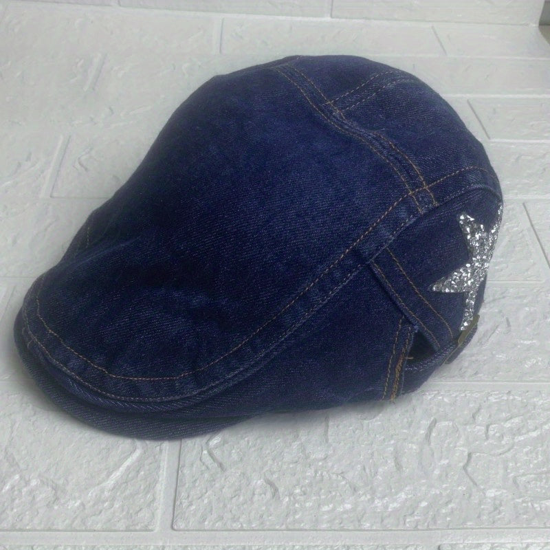Denim Rhinestones Five star Beret for Men and Women