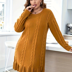 Casual Sweater Dress Women's Plus Solid Cable Knit Round Neck Long Sle