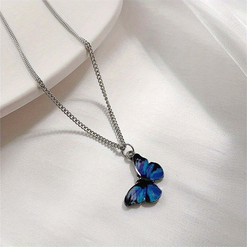 Gradient Butterfly Pendant Necklace Colorful Clavicle Chain