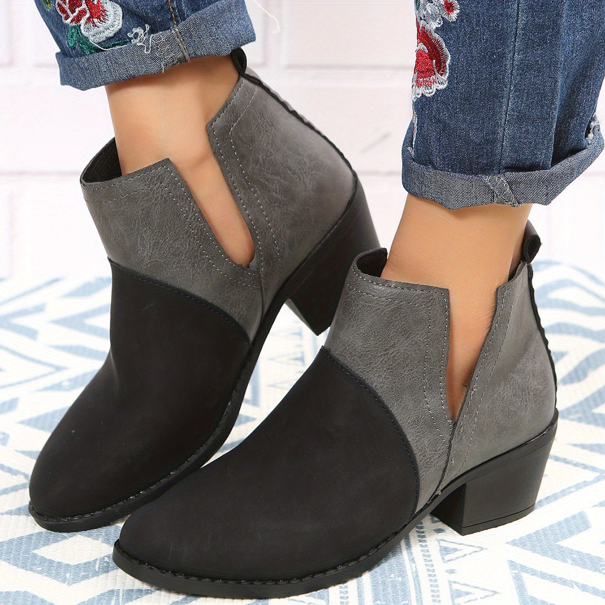 Women's Colorblock Block Heel Ankle Boots Round Toe V-cut Slip On Mid Heels