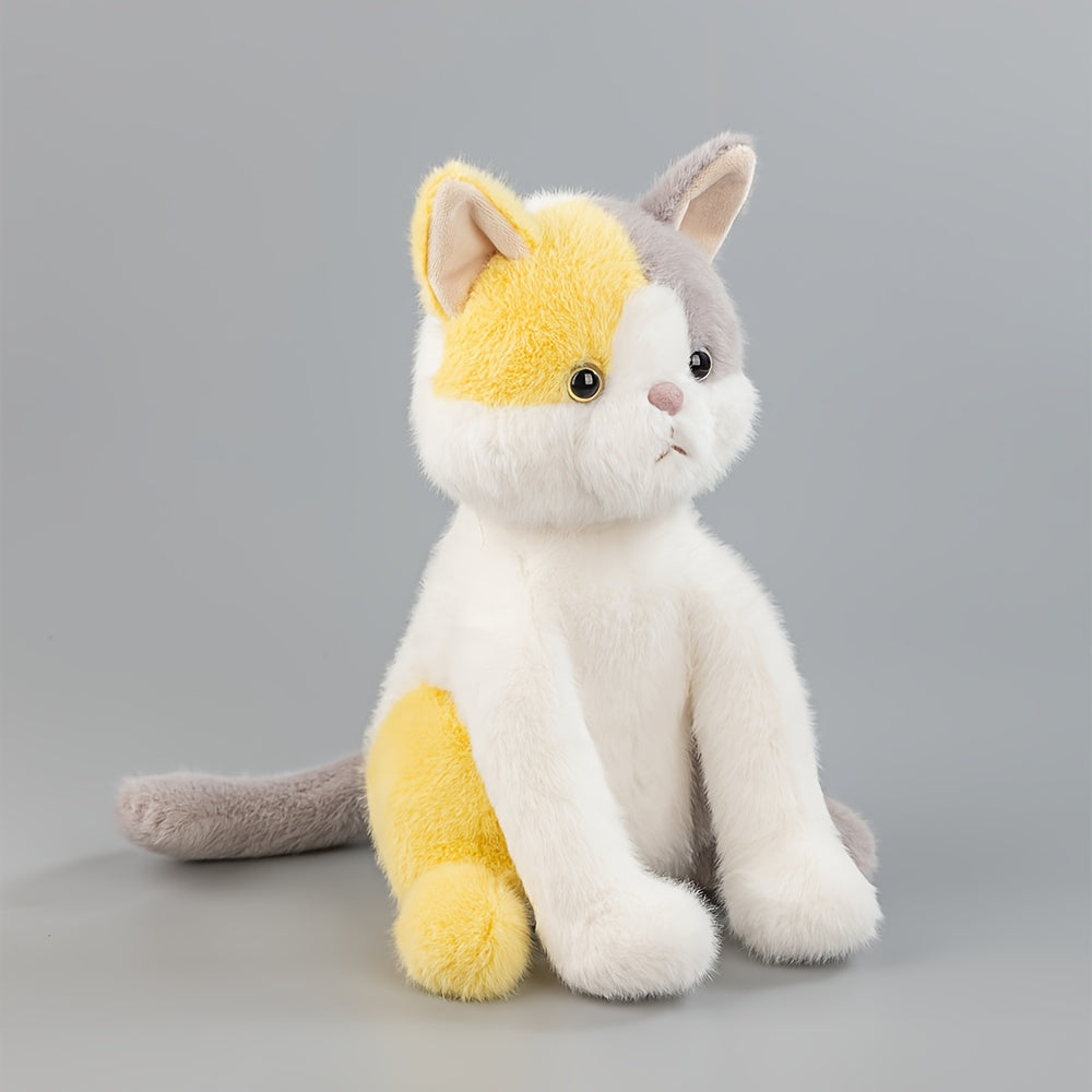 Fluffy Grey and Yellow Plush Cat Toy with Expressive Eyes