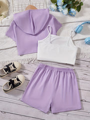 Girl's 3pcs Hooded T shirt & Camisole & Shorts Set CALIFORNIA Patched