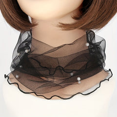 Chiffon Neck Collar Ruffles Infinity Scarf Faux Pearl Decor