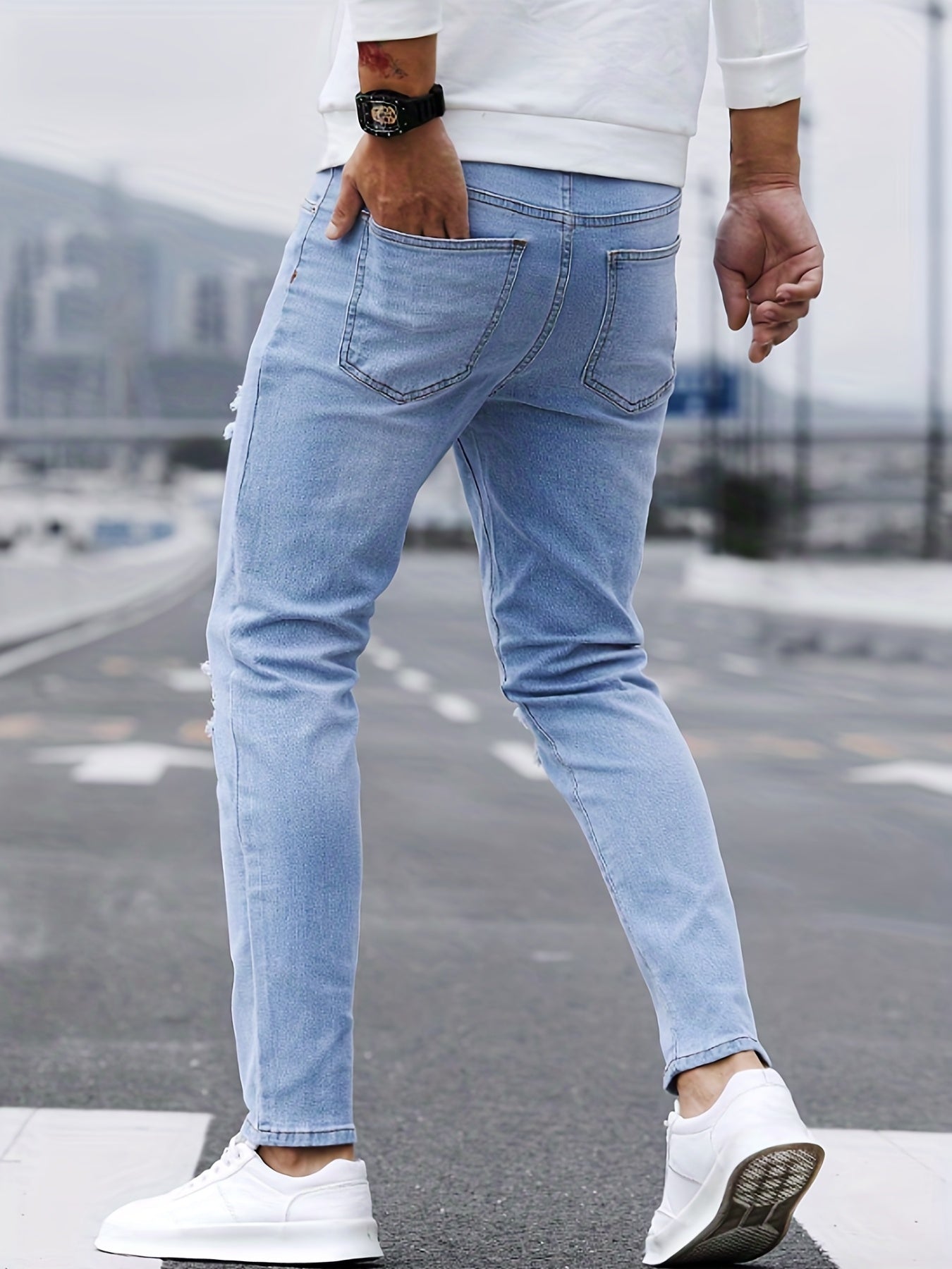 Slim Fit Ripped Jeans Men Casual Street Style Distressed Denim Pants
