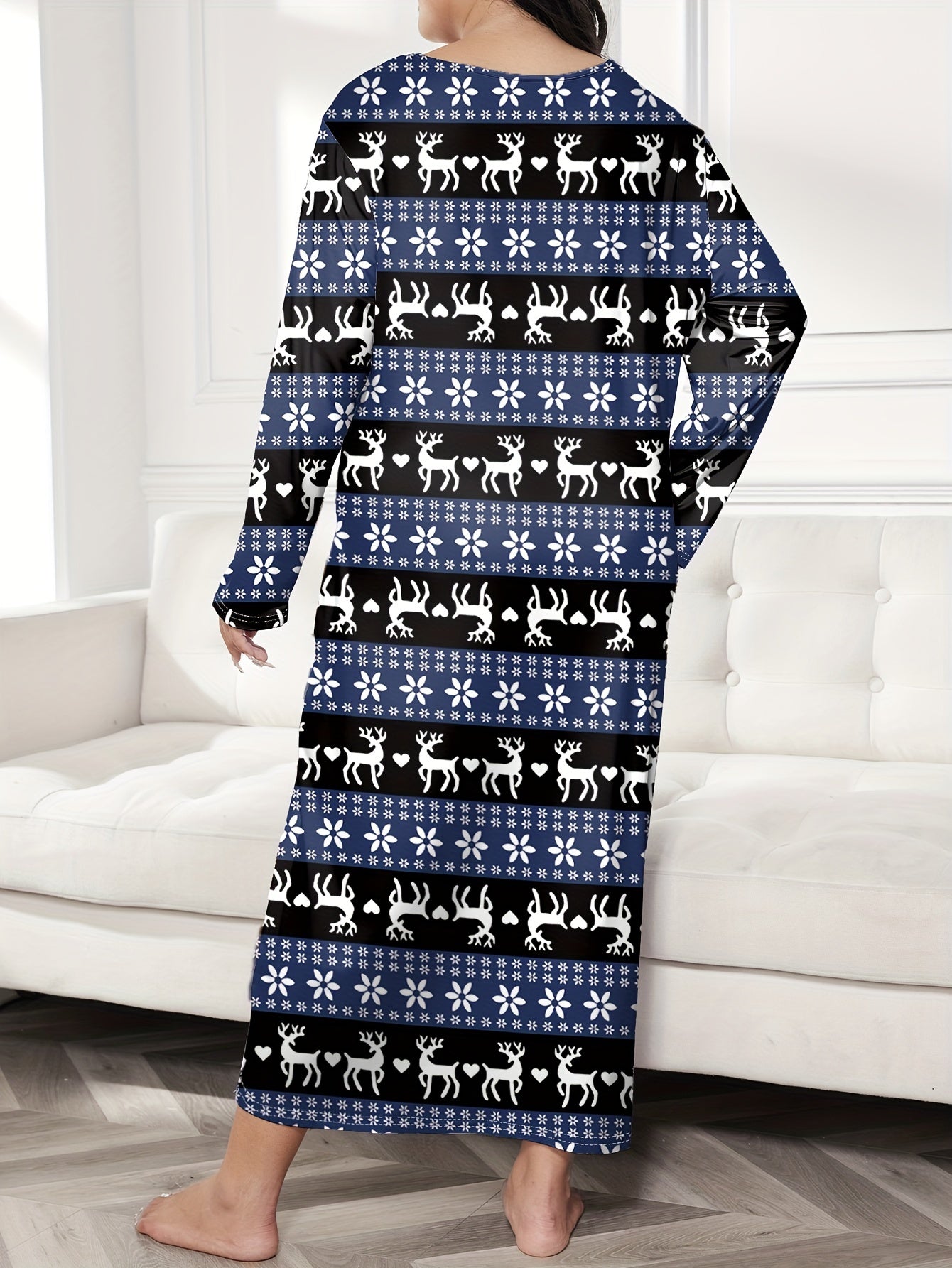 Christmas Lounge Dress Elk & Heart Stripe Print Long Sleeve Te