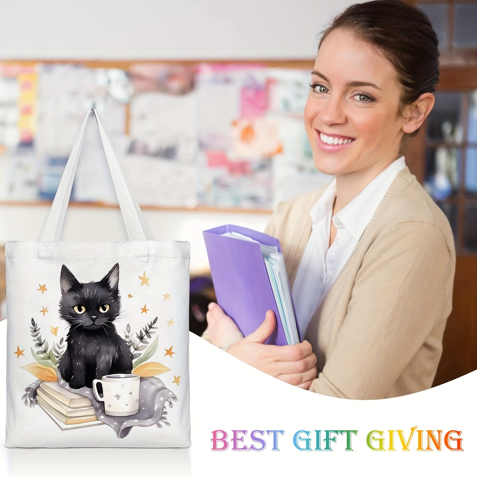 Cat Reading Pattern Canvas Tote Bag Women's Portable Anime Shoulder Bag