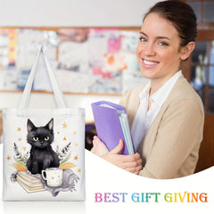 Cat Reading Pattern Canvas Tote Bag Women's Portable Anime Shoulder Bag