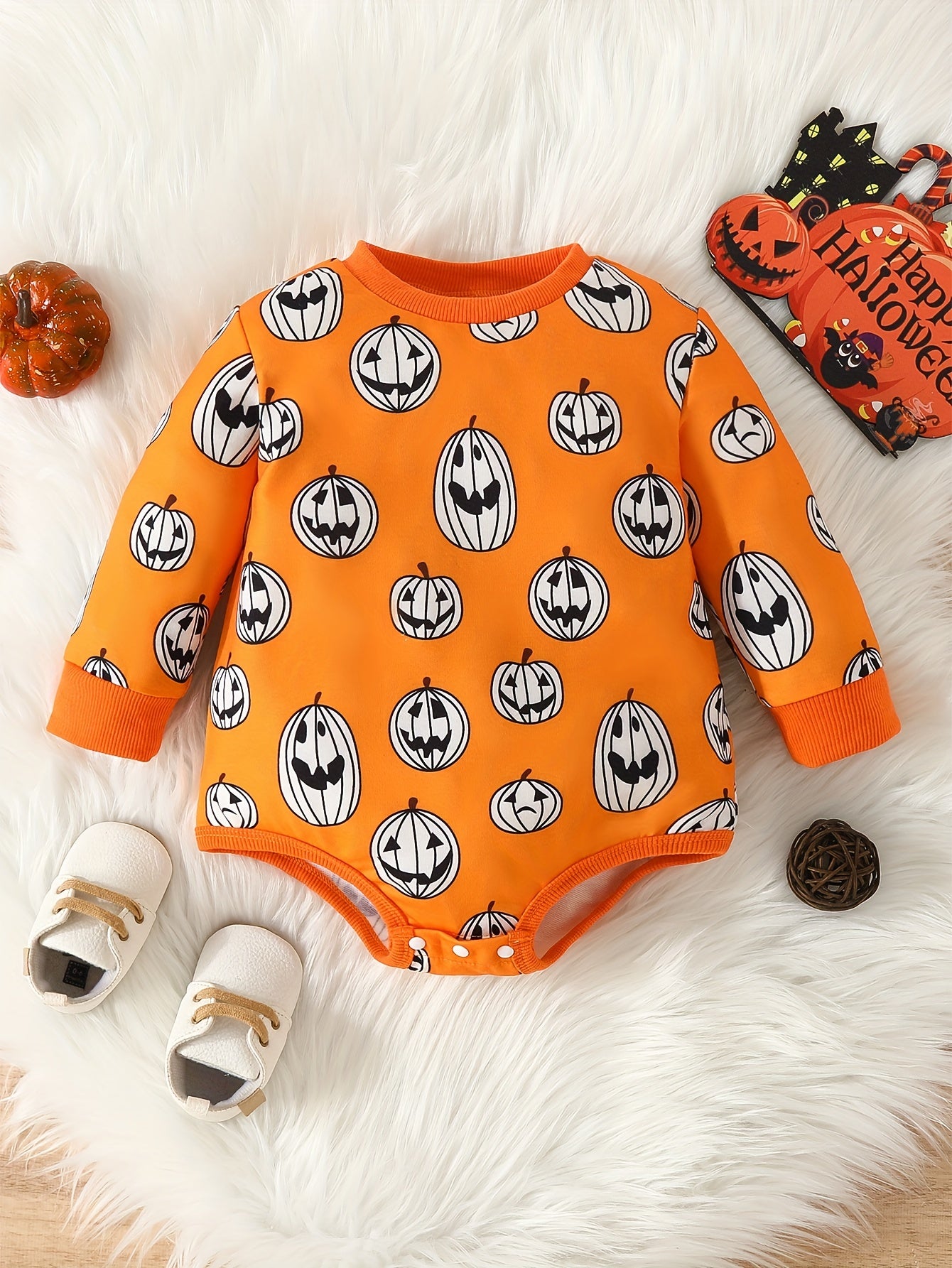 Baby Girls Pumpkin Head Full Print Pullover Romper Creeper