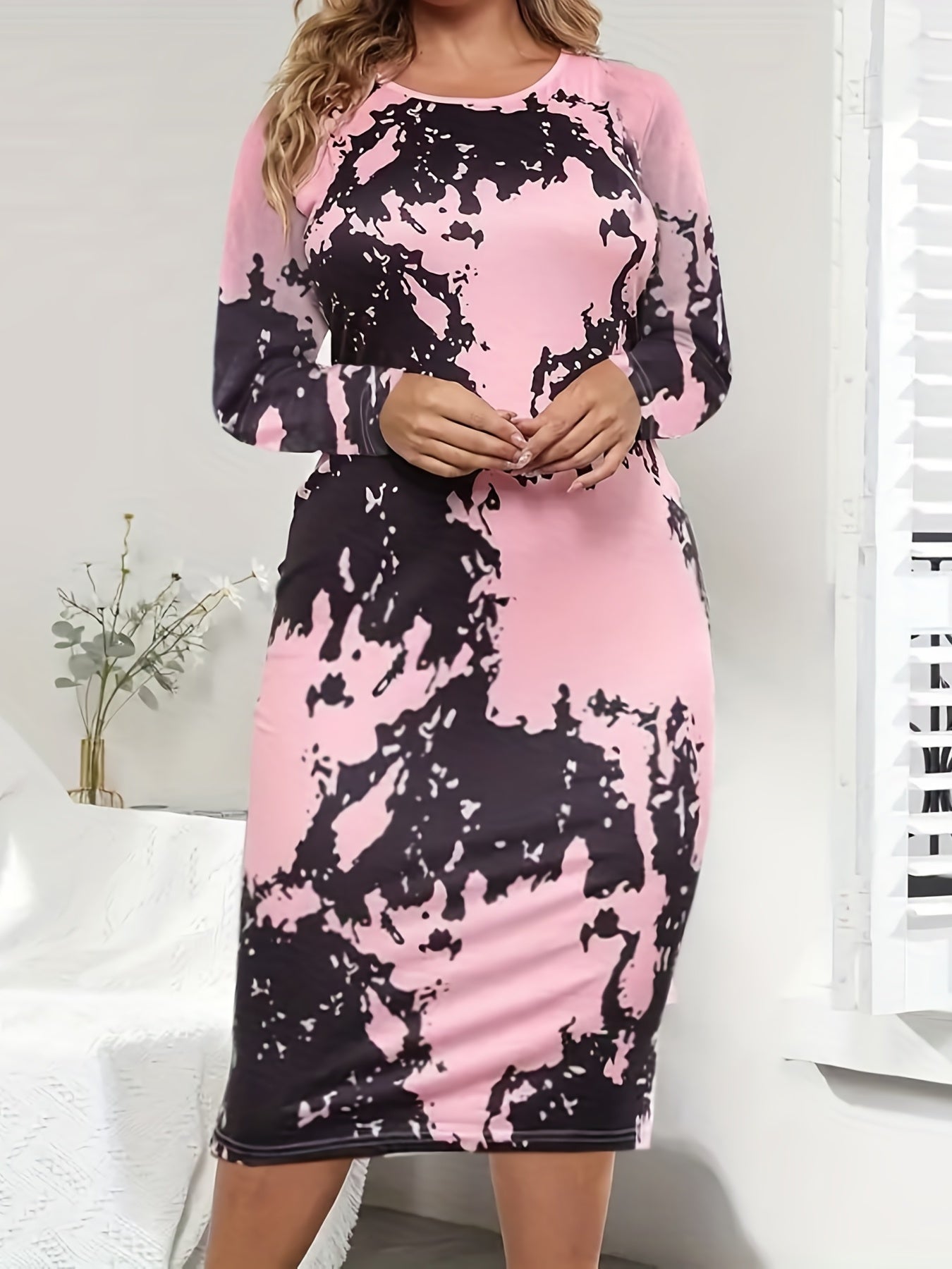 Colorblock Print Long Sleeve Casual Dress
