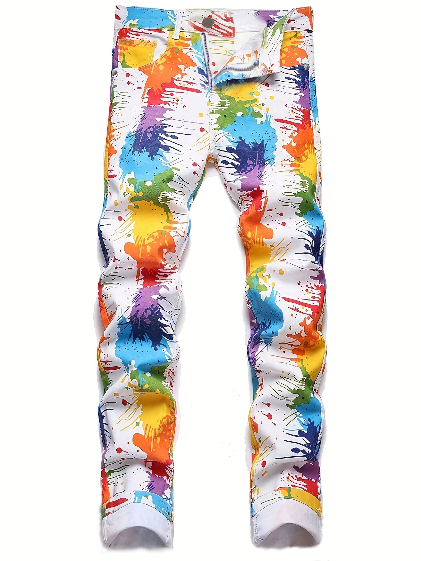 Colorful Splash Pattern Slim Fit Jeans Men's Casual Street Style Denim Pants