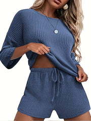2 Piece Set Waffle Pattern Top & Shorts Outfits