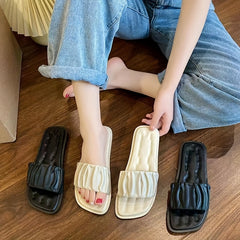 Women's Ruched Band Flat Slides Square Open Toe Sandals