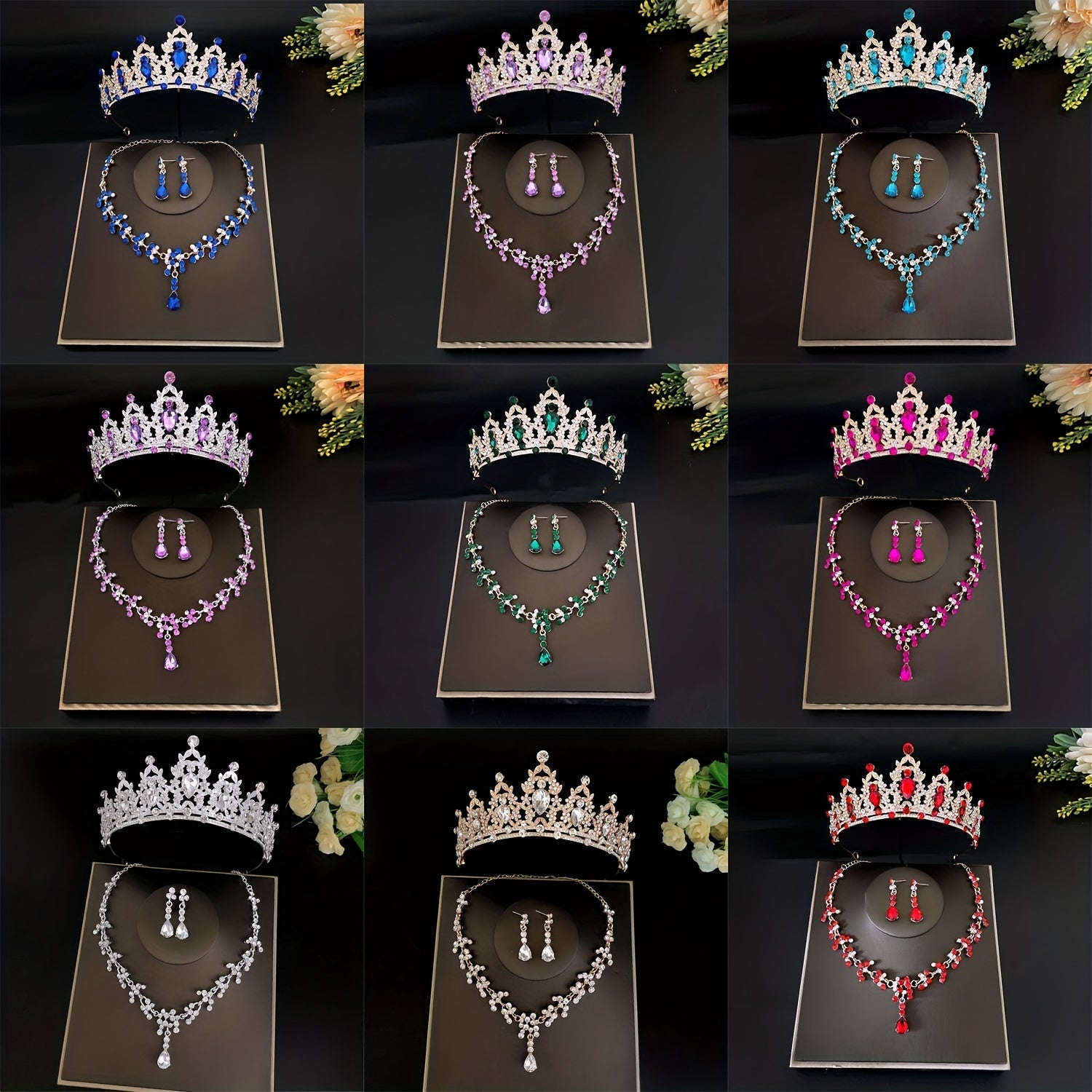 Bridal Crystal Crown Earrings Necklace Set Wedding Jewelry