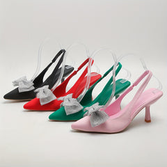 Rhinestone Bow Sandals Pointed Toe Slingback Mid Heels