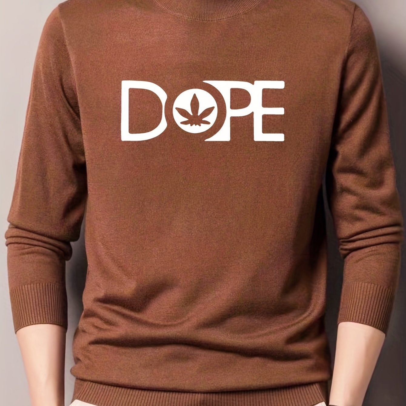 Men's Leaf & Letter Print Knitted Sweater Stretch Long Sleeve Top
