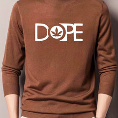Men's Leaf & Letter Print Knitted Sweater Stretch Long Sleeve Top