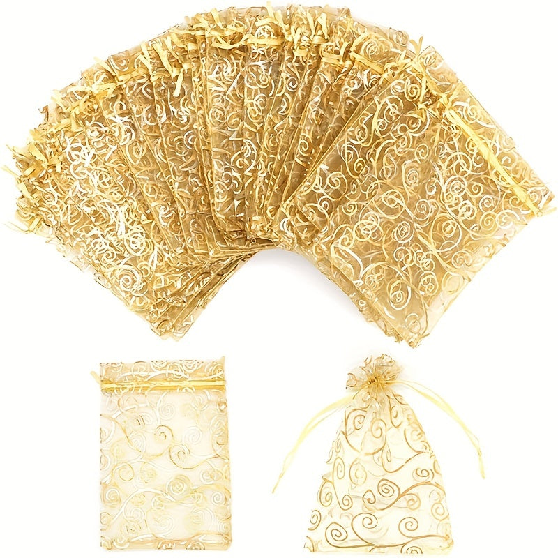 100pcs Golden Organza Gift Bags Drawstring for Wedding Party