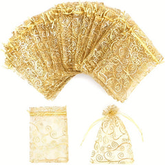 100pcs Golden Organza Gift Bags Drawstring for Wedding Party