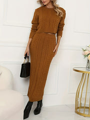 Plus Solid Cable Long Sleeve Sweater & Bodycon Midi Skirt Set